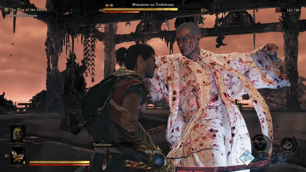 Yoshitsune catches Musashi in a grab during the final boss fight