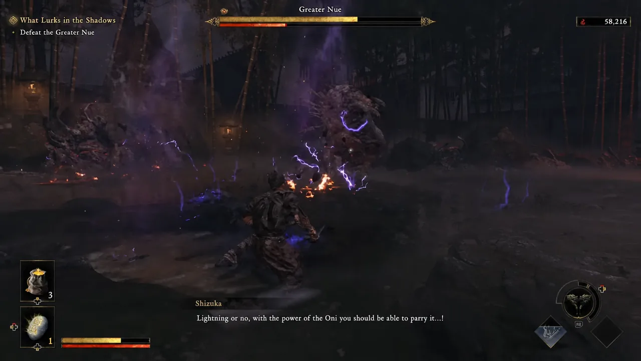 Musashi facing the electrified Greater Nue while a companion calls out a parry