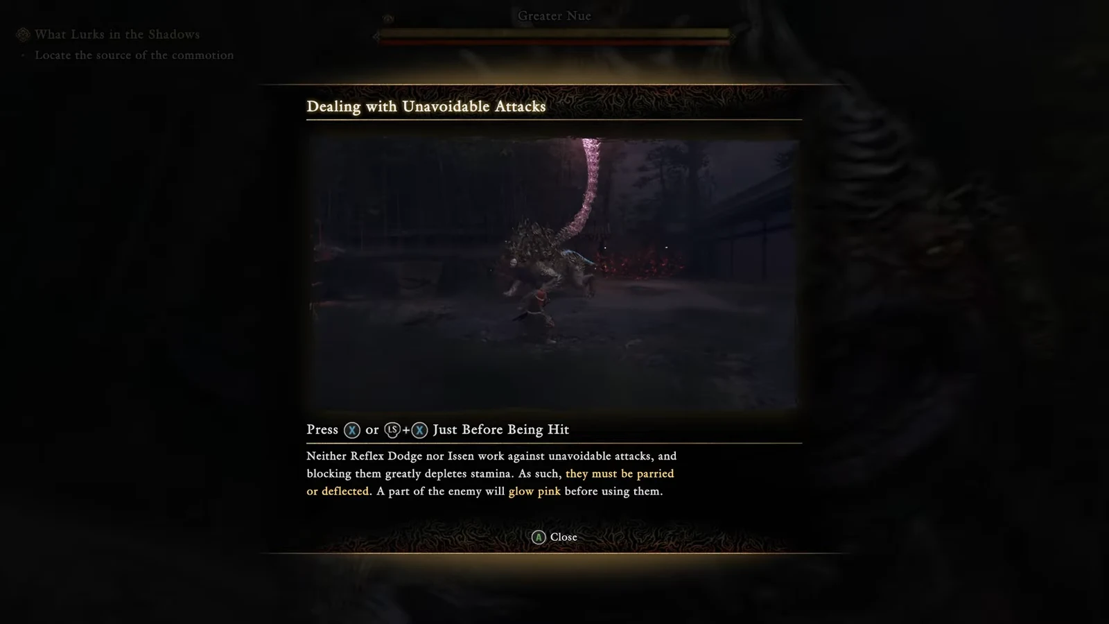 The Dealing with Unavoidable Attacks tutorial card explaining the parry and deflect timing