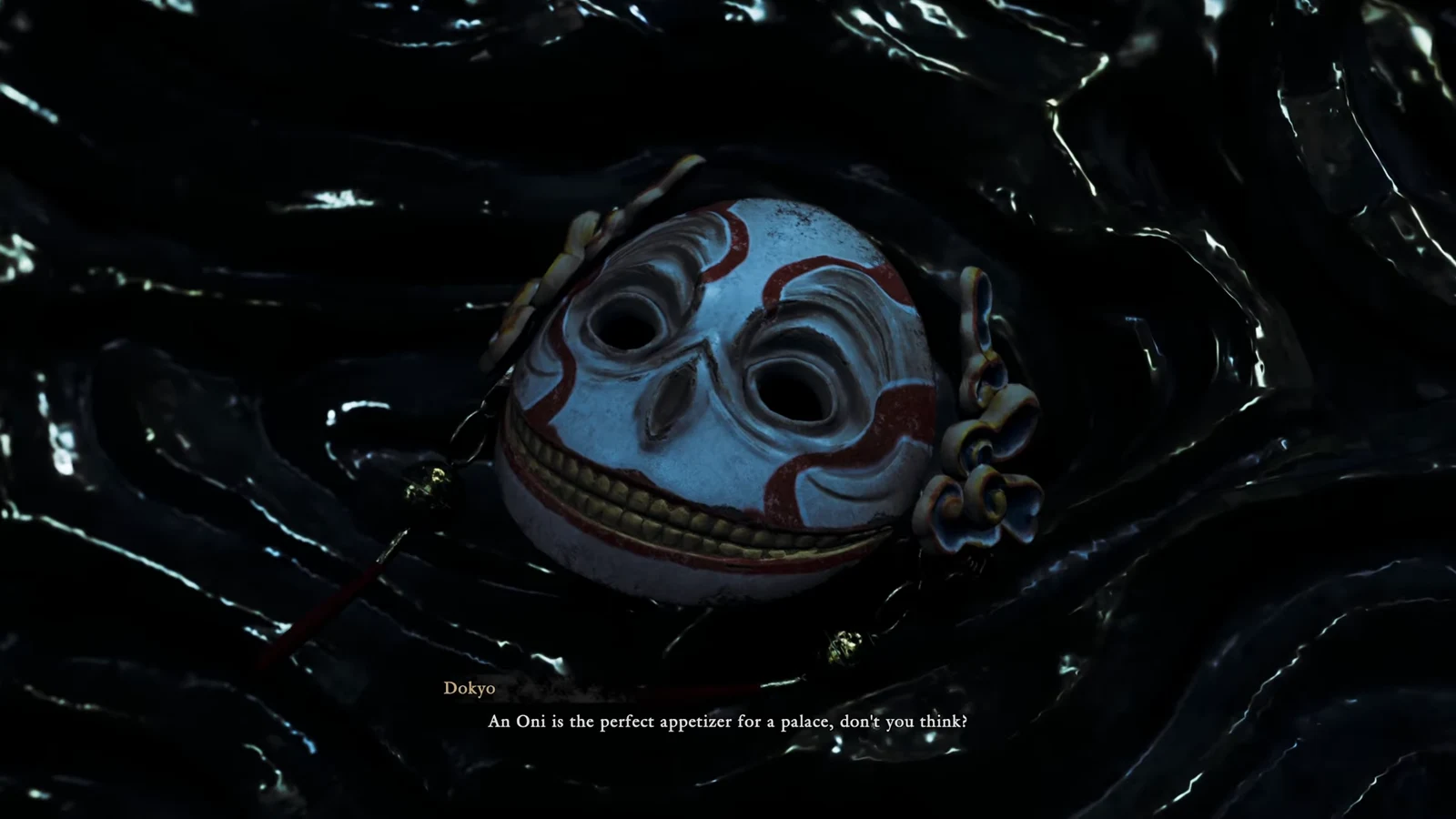 Close-up of the masks on the Greater Nue as Dokyo taunts Musashi
