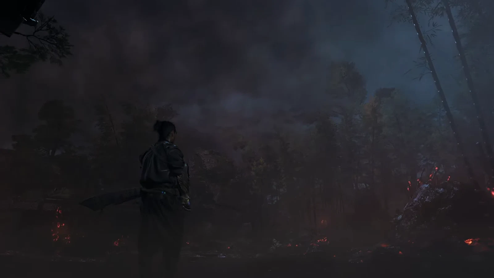 Musashi staring into a smoke-filled forest in the cutscene before the Greater Nue appears