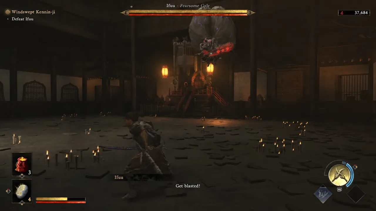 Musashi lands a katana strike on Ifuu while the boss health bar is visible
