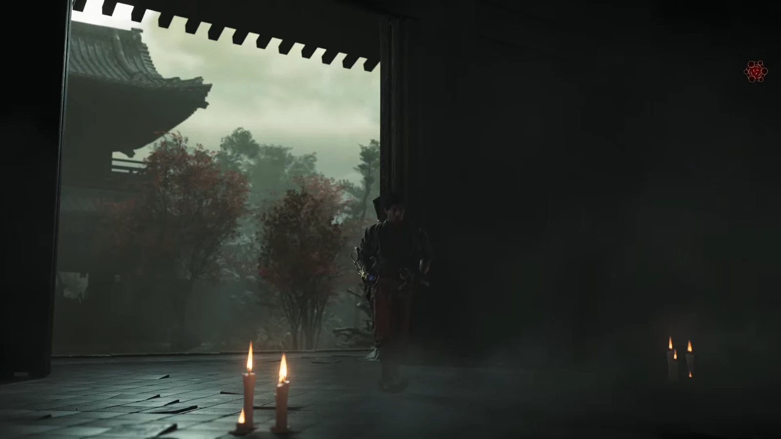 Musashi walks alone into the shadowy Dharma Hall interior at Windswept Kennin-ji