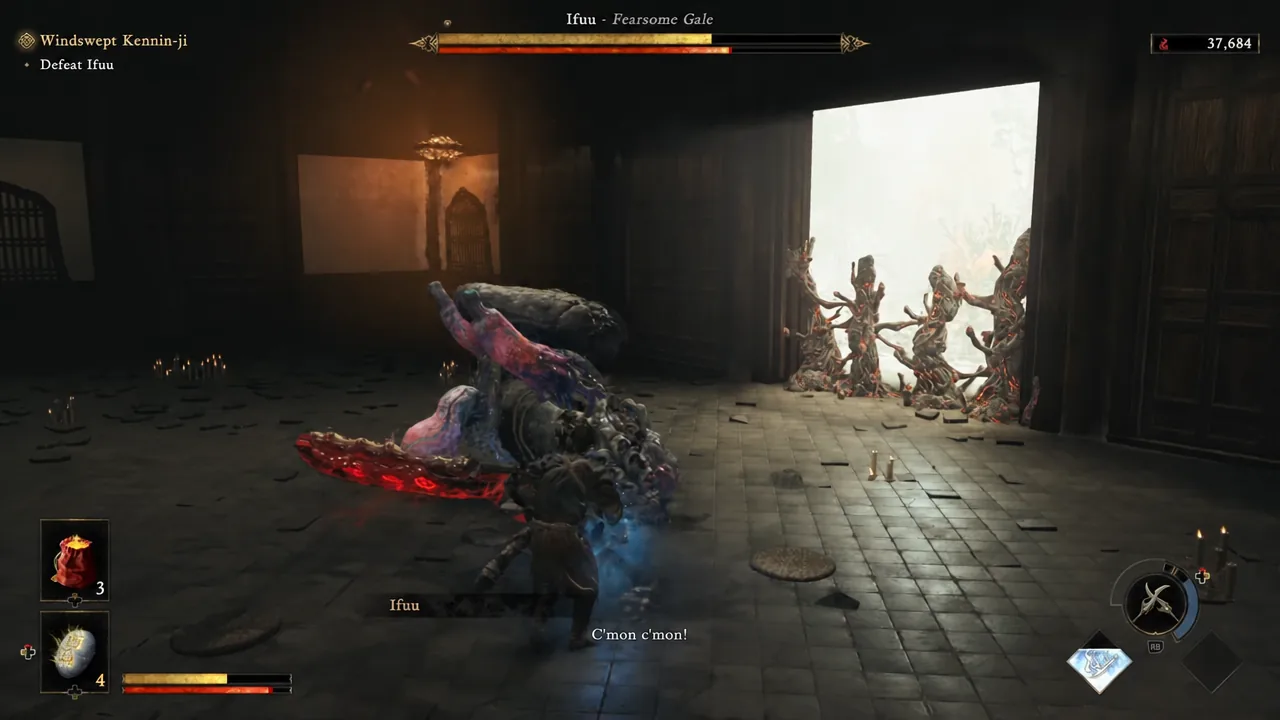 Musashi circles Ifuu inside the Dharma Hall with the Defeat Ifuu objective in progress