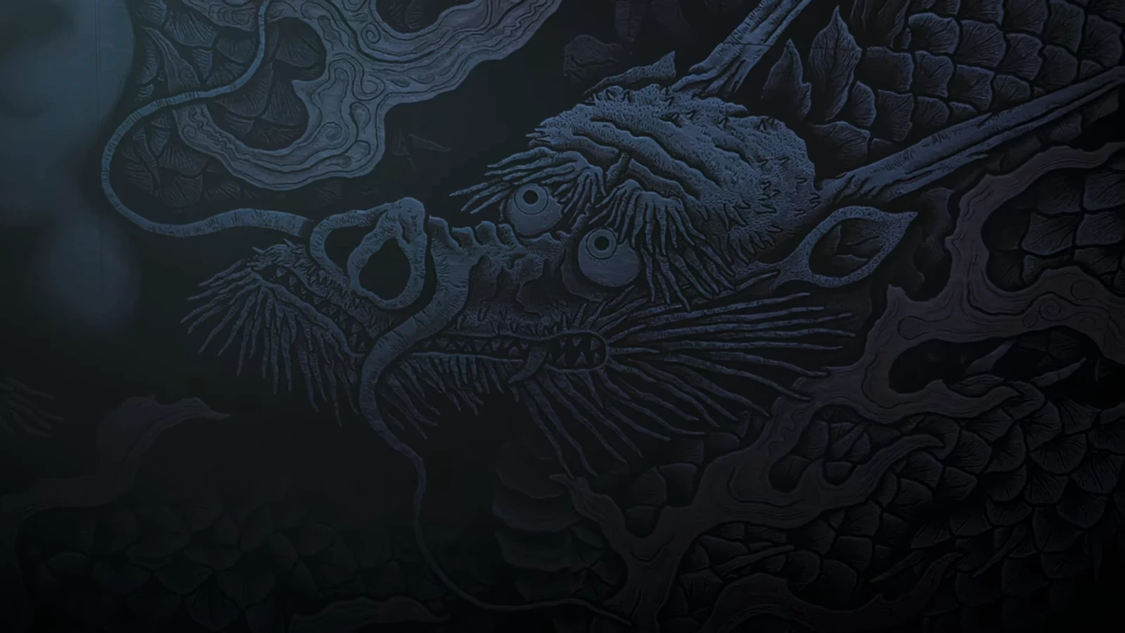 Musashi looks up at the painted dragon on the Dharma Hall ceiling during the pre-fight cutscene
