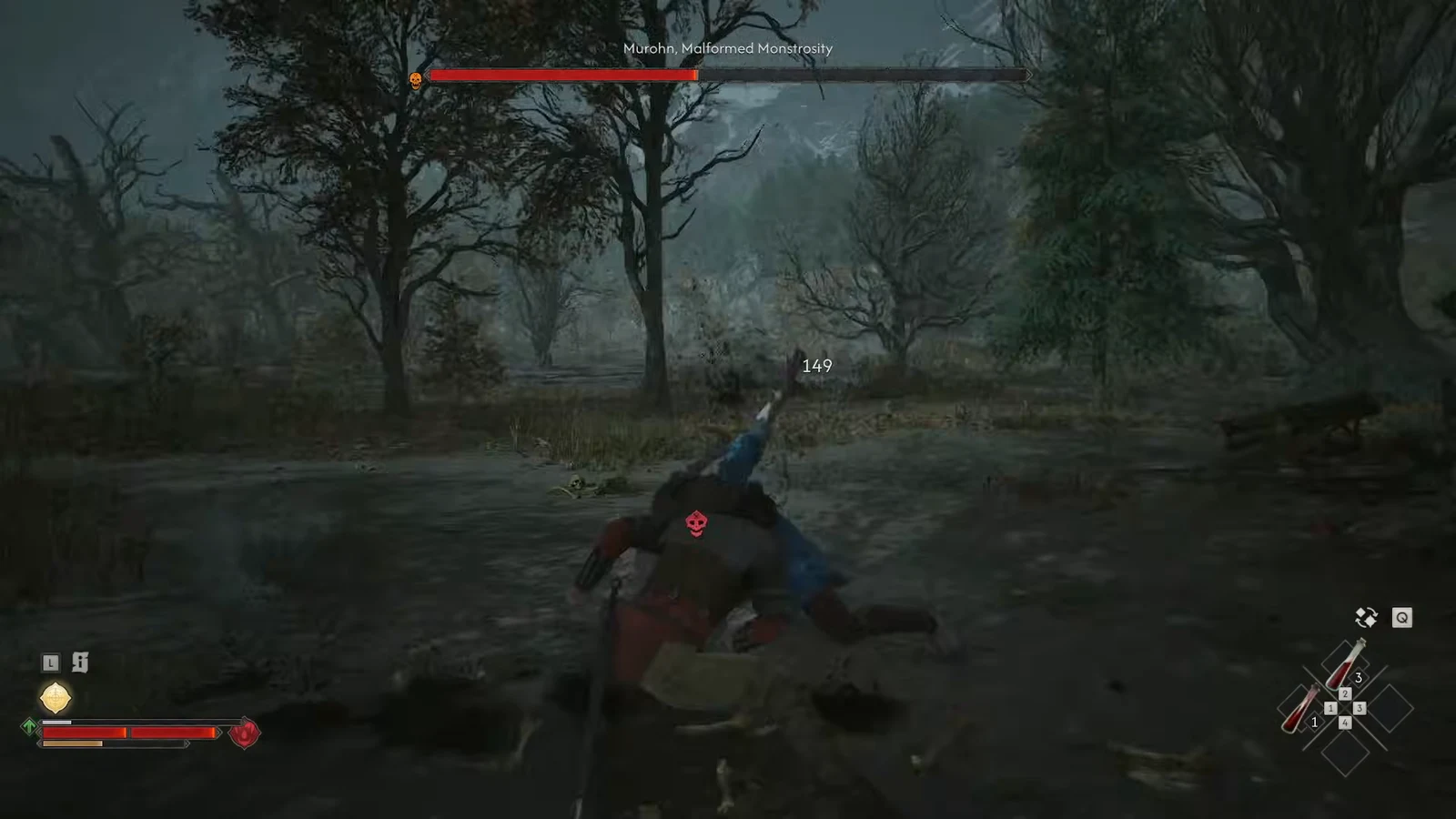 Damage number popping up as the player lands a hit on Murohn during the swamp fight
