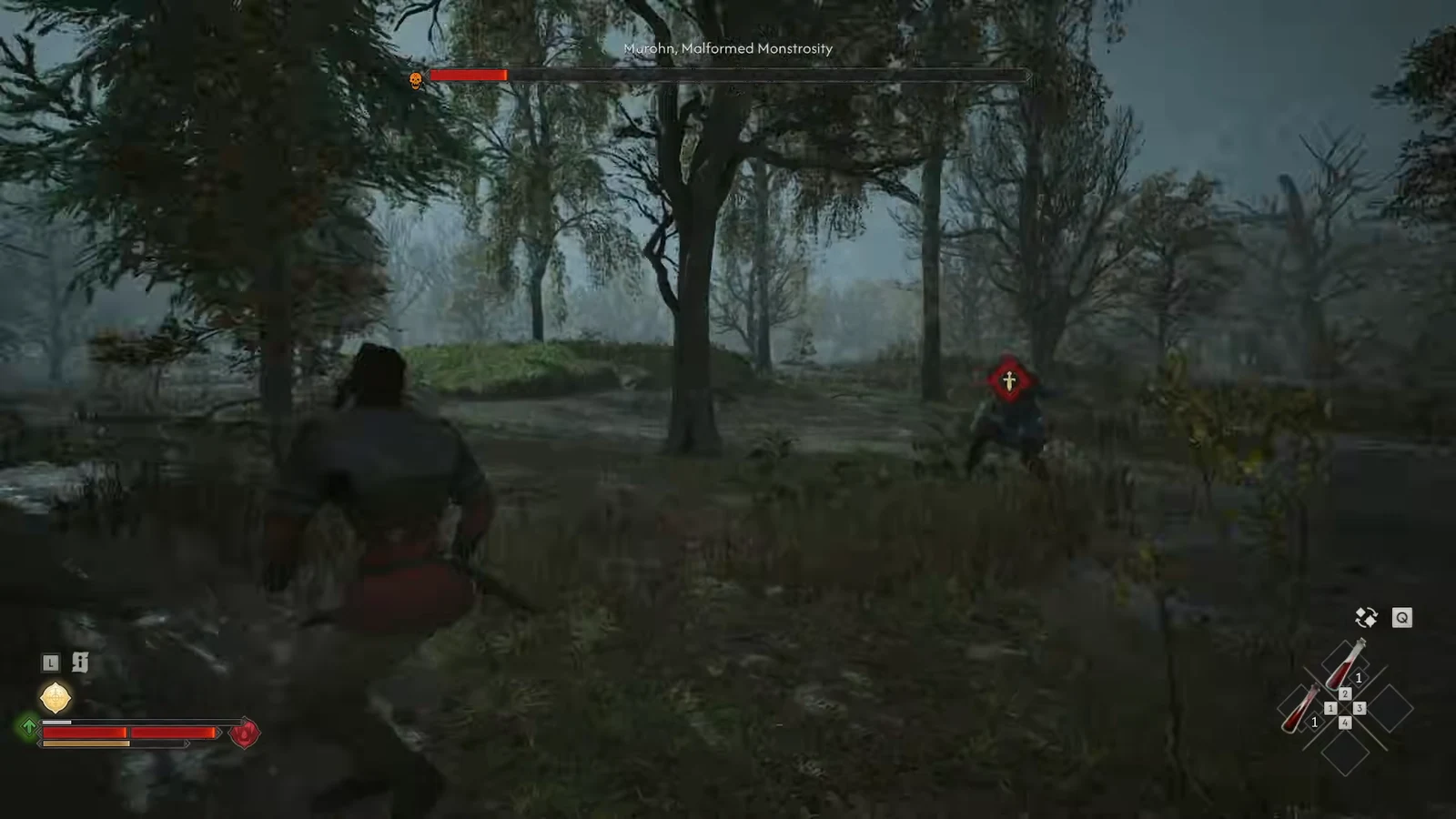 Murohn's boss health bar nearly empty as the player lands a final hit in the swamp