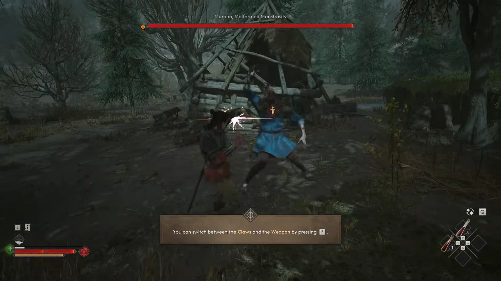 Combat tutorial prompt to switch between Claws and Weapon during the Murohn fight