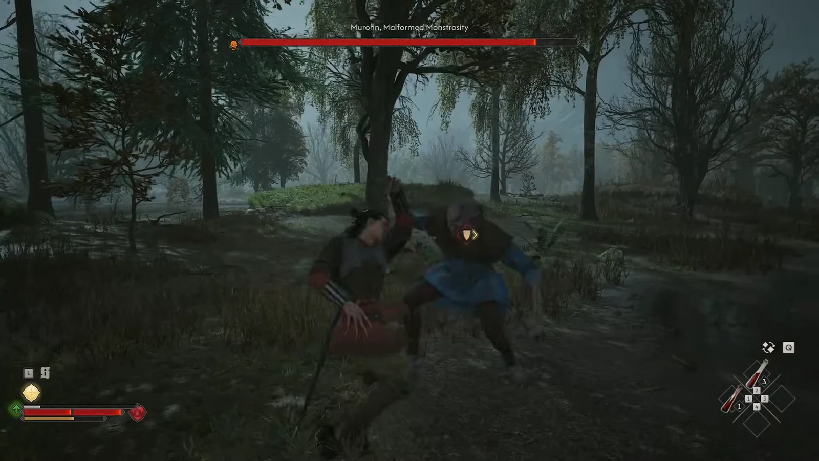 Player striking Murohn, Malformed Monstrosity, with the boss health bar shown at the top of the screen
