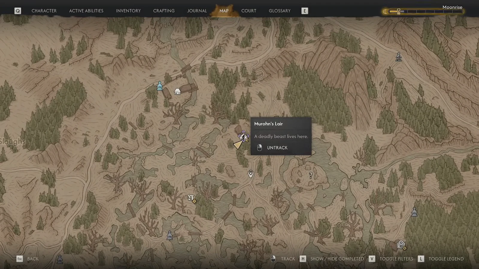 Map screen with Murohn's Lair selected and its deadly beast tooltip open
