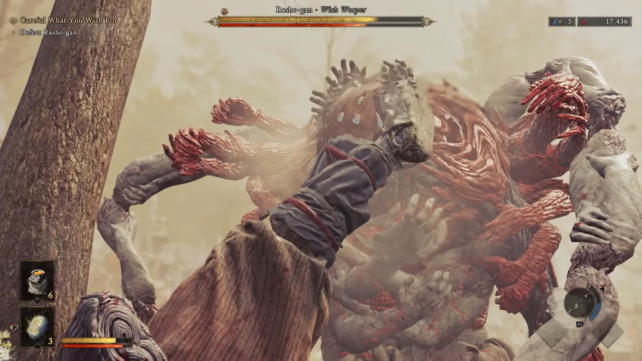 The Defeat Rasho-gan objective on screen as Musashi counters the boss at close range