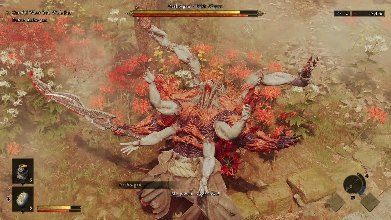Rasho-gan grabs Musashi during the boss fight as the boss health bar drains