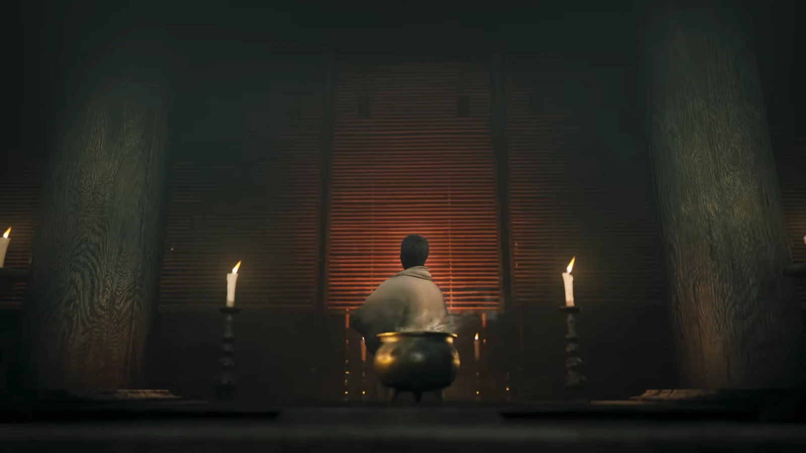 An elderly man in white robes speaks to the defeated Ganryu after the duel