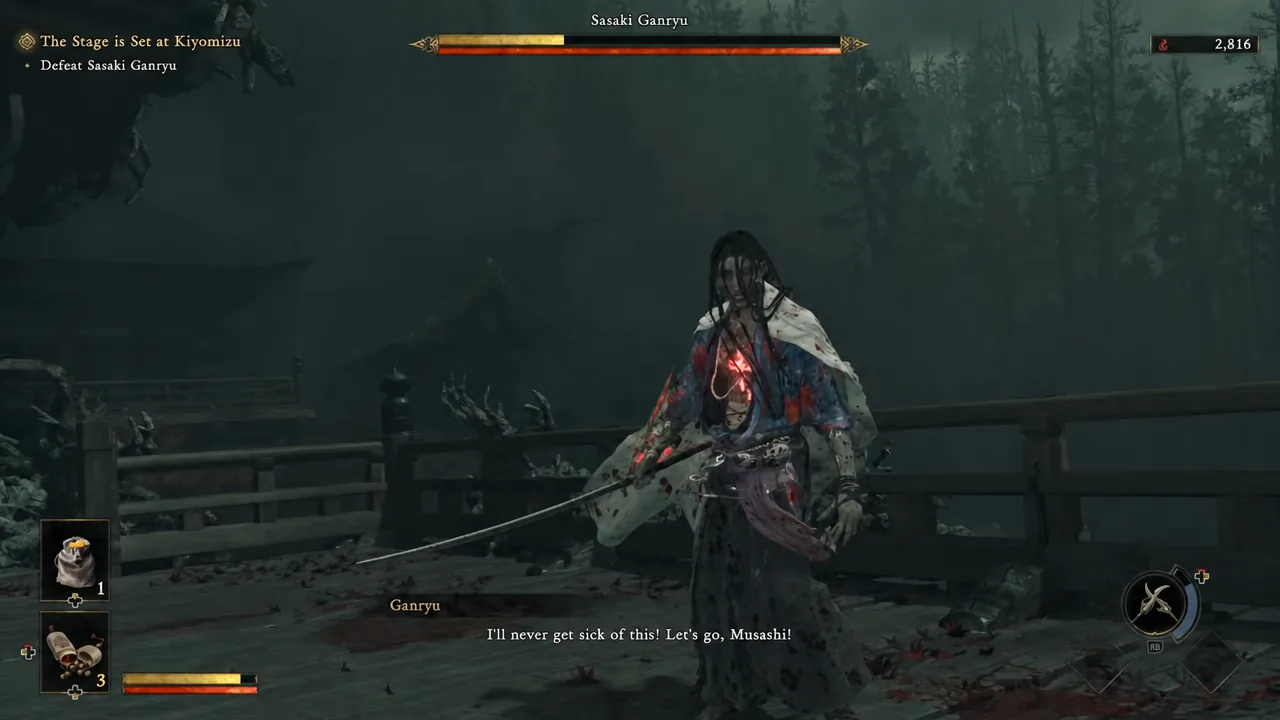 Musashi duels Sasaki Ganryu on the bridge with the Defeat Sasaki Ganryu objective on screen