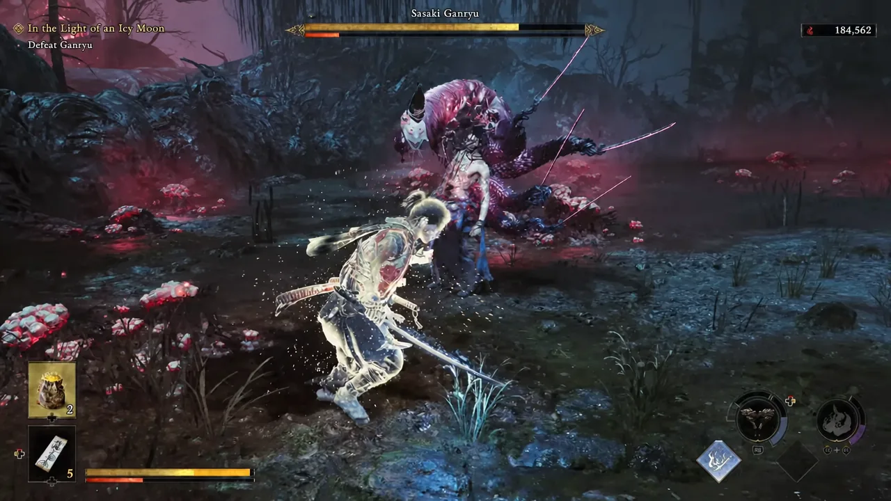 Musashi counterattacking Sasaki Ganryu after a parry with the quest tracker on screen