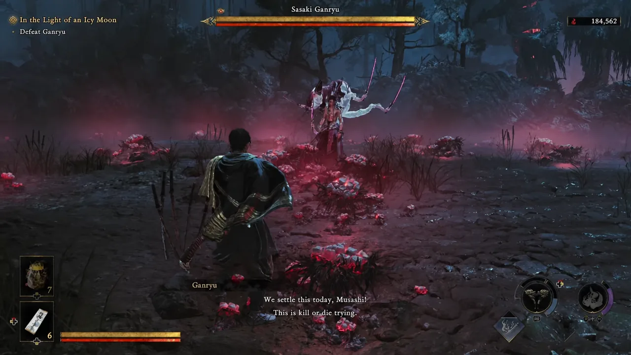 Combat HUD showing the Defeat Ganryu objective while Musashi trades blows with Sasaki Ganryu