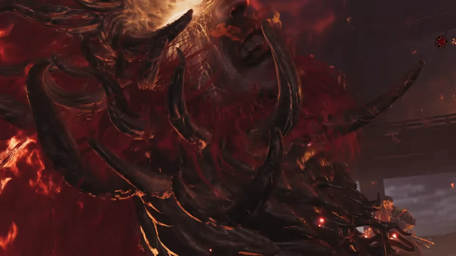 Shuten Doji's burning form breaking apart after Musashi lands the killing blow