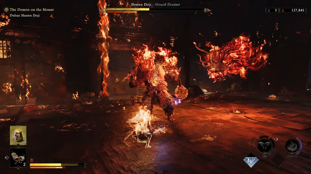Musashi attacking Shuten Doji with the Gourd Drainer boss name and health bar on screen