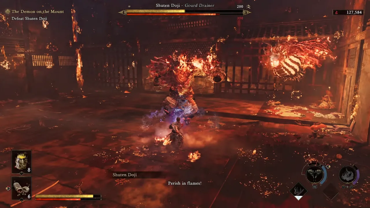 Musashi trading blows with Shuten Doji as the boss health bar and Defeat Shuten Doji objective sit on screen