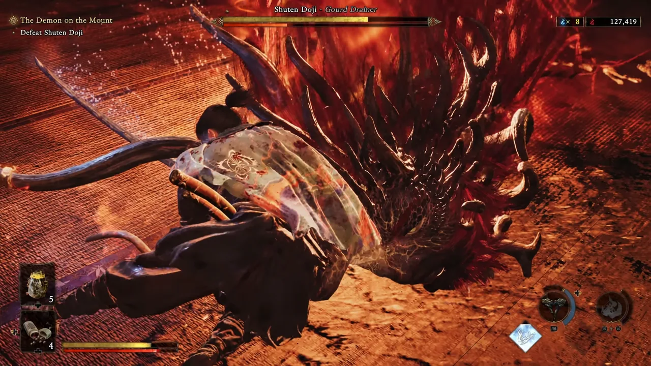 Punishing a sweep and hitting the Gourd Drainer's health bar before he can drink again.