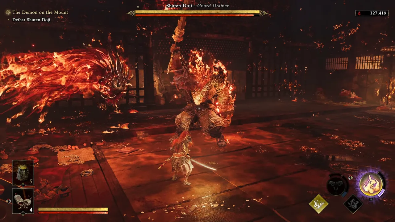 Musashi facing the giant Shuten Doji in the temple hall during The Demon on the Mount