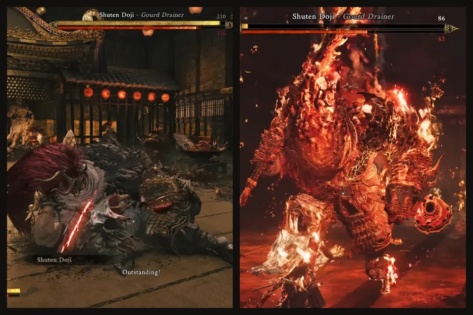 Side-by-side of Shuten Doji fighting normally and later engulfed in flame with an evade prompt on screen