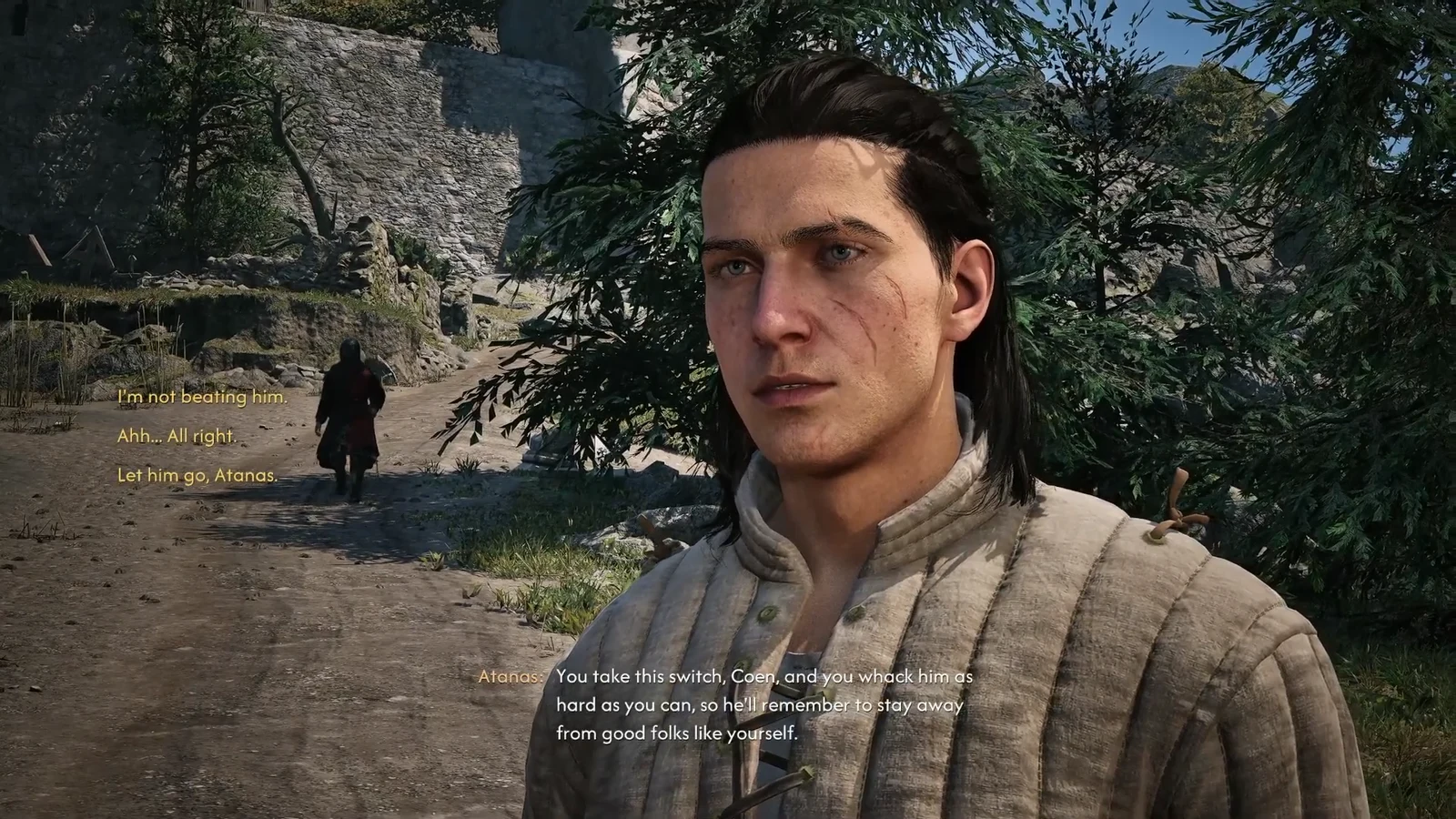 Three dialogue options on screen, including Ahh... All right, while Atanas holds the switch