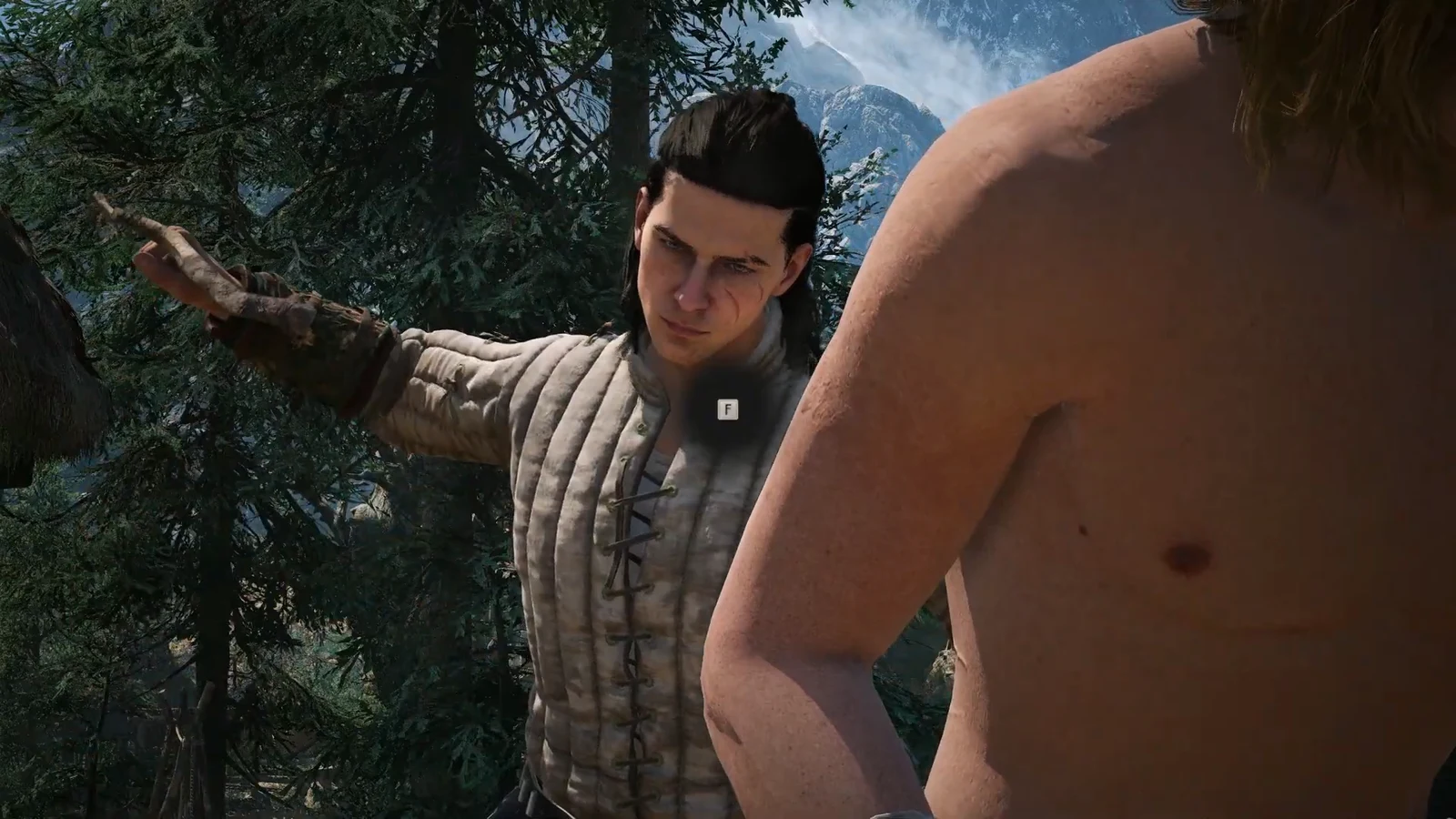 Interaction prompt marked F appears as Coen reaches for Vasil in the woods