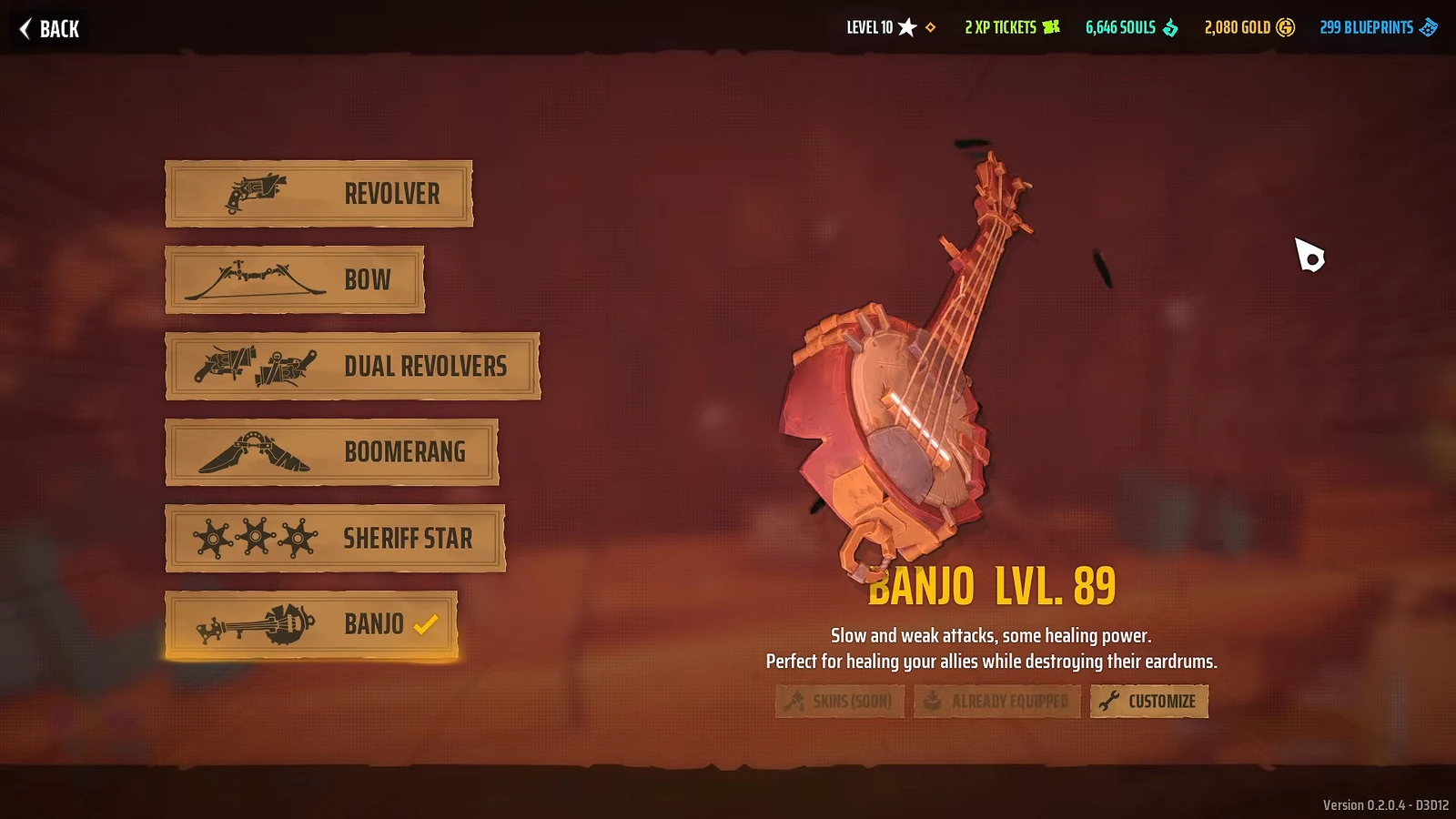 Weapon selection menu with the Banjo at level 89 and the Customize button shown