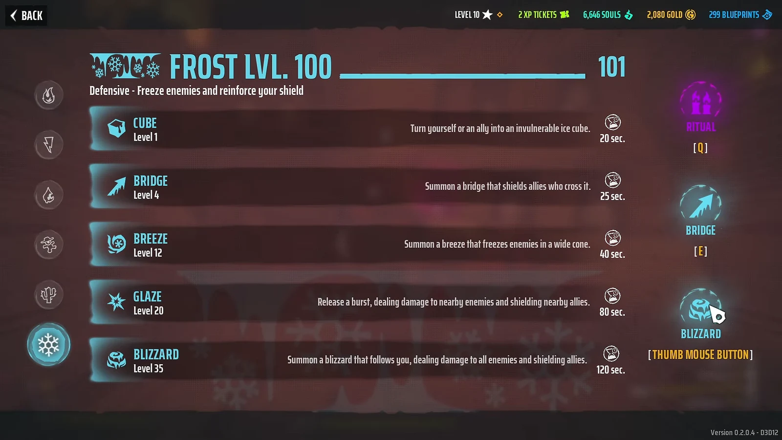 Frost ability menu with Blizzard highlighted and bound to a mouse button