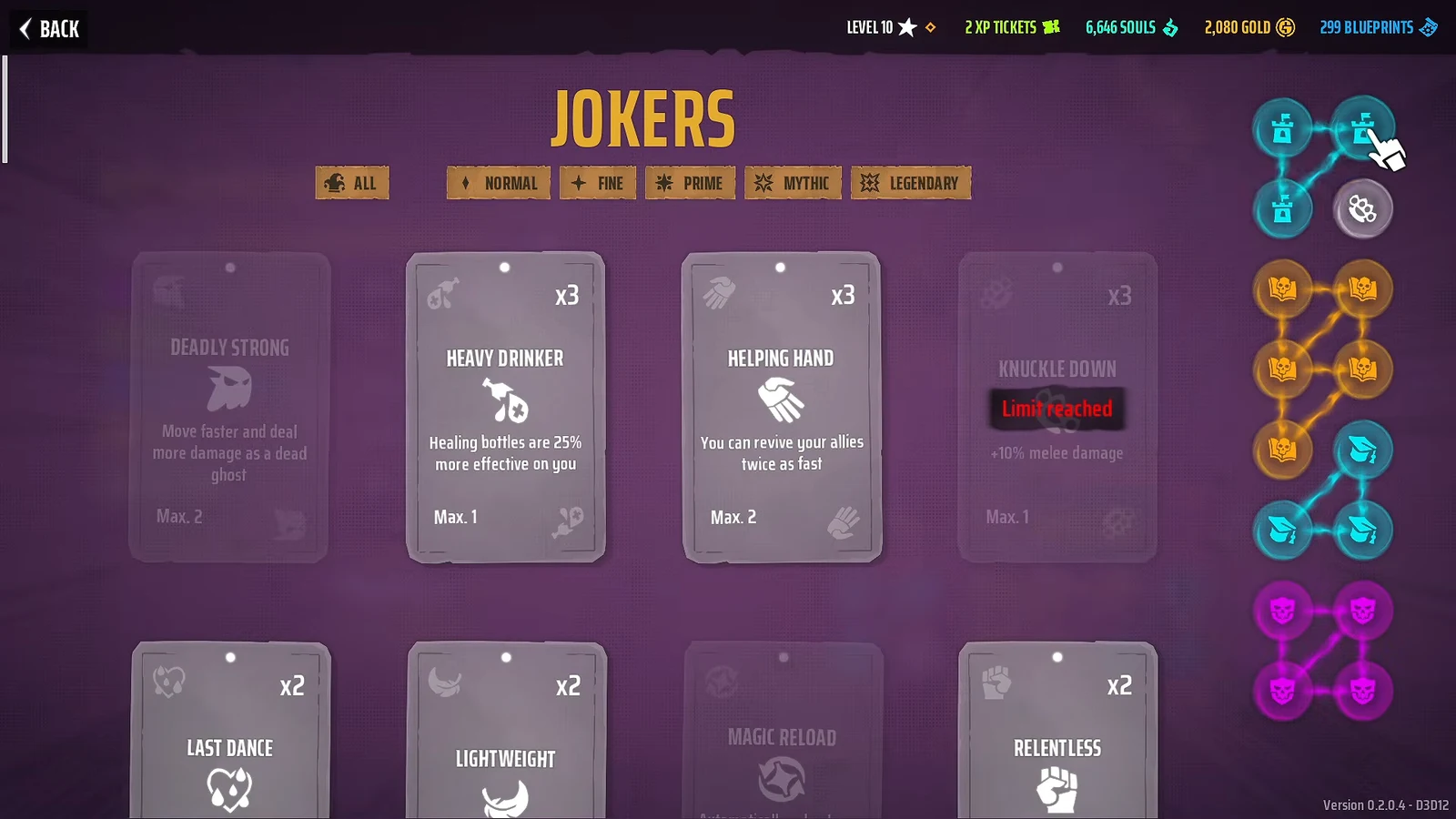 Hero Jokers screen with Knuckle Down marked as limit reached in the tier tree