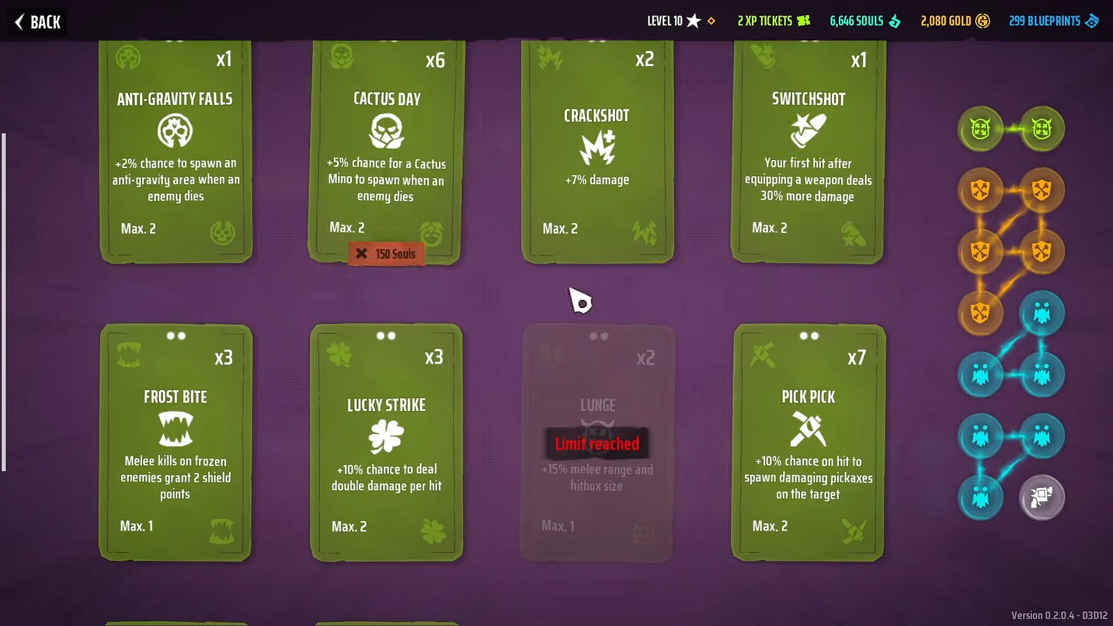 Mutation upgrade screen with the Lunge card selected and the upgrade limit reached