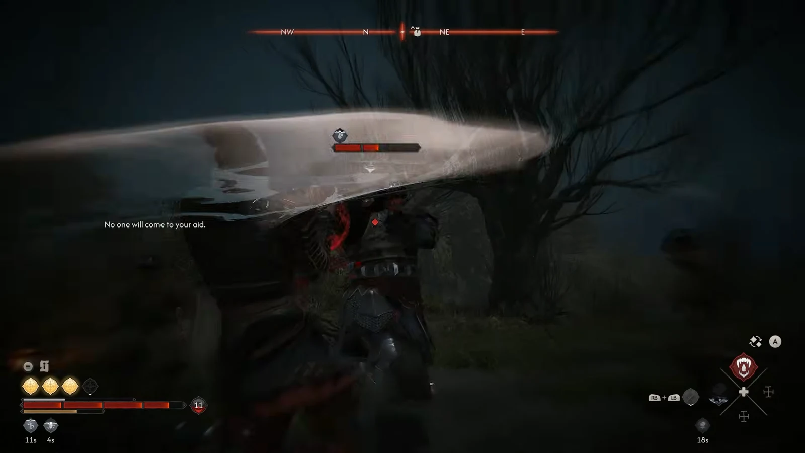 Coen mid-fight against a large armored enemy whose health bar is already partly drained