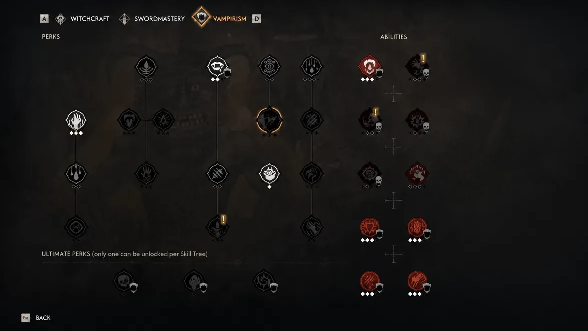Perks and Abilities screen open on the Vampirism tab, showing the perk tree and ability icons