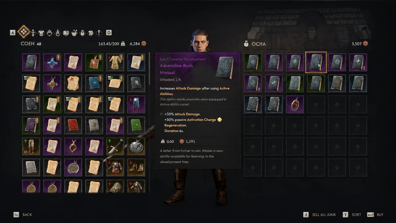Inventory item details for the Adrenaline Rush Manual under character development