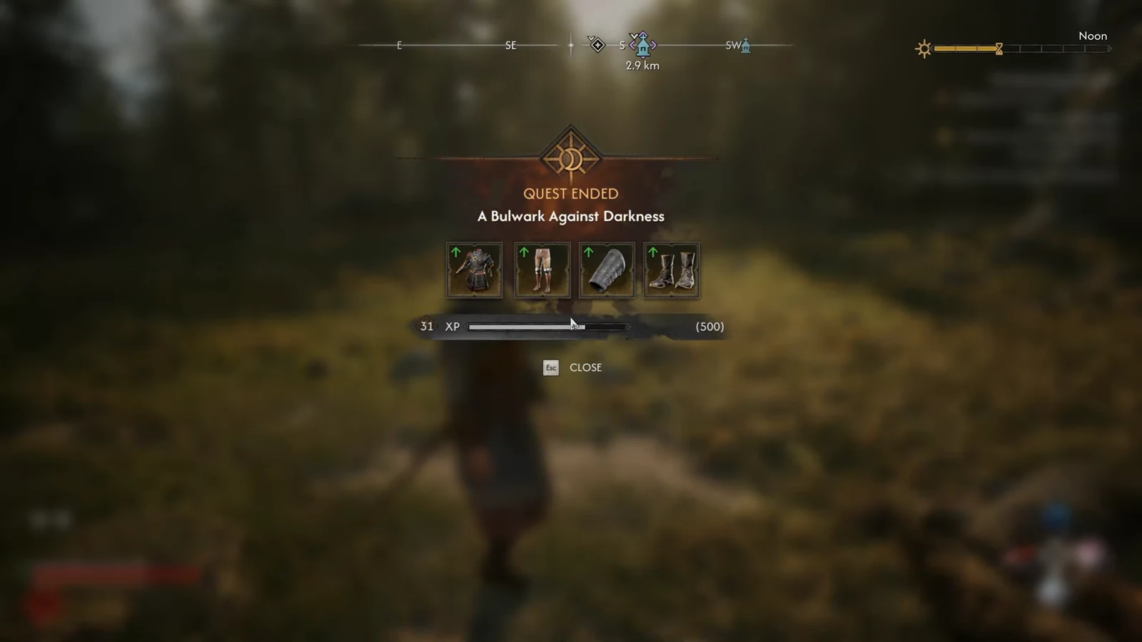 Quest Ended screen for A Bulwark Against Darkness listing gear rewards and XP gained