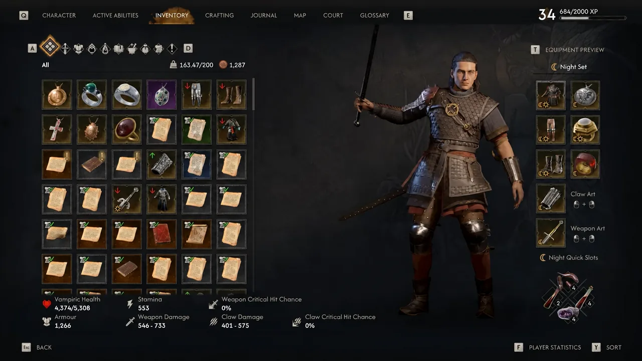 Inventory screen showing the full item grid with the equipped Night Set loadout