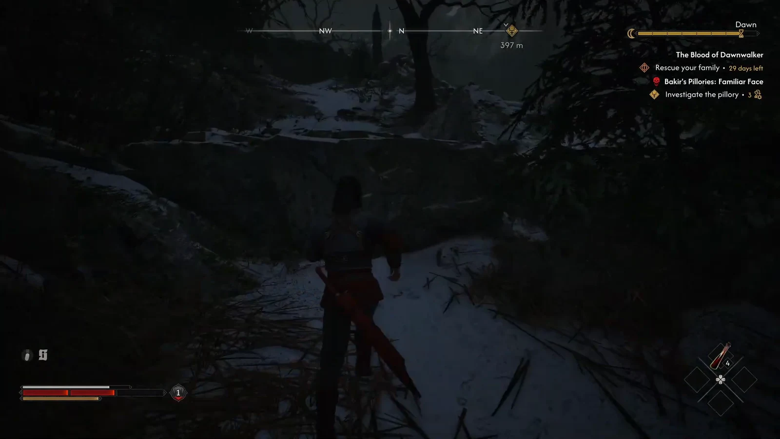 Coen crosses a snowy mountain path while another quest objective sits hundreds of meters away