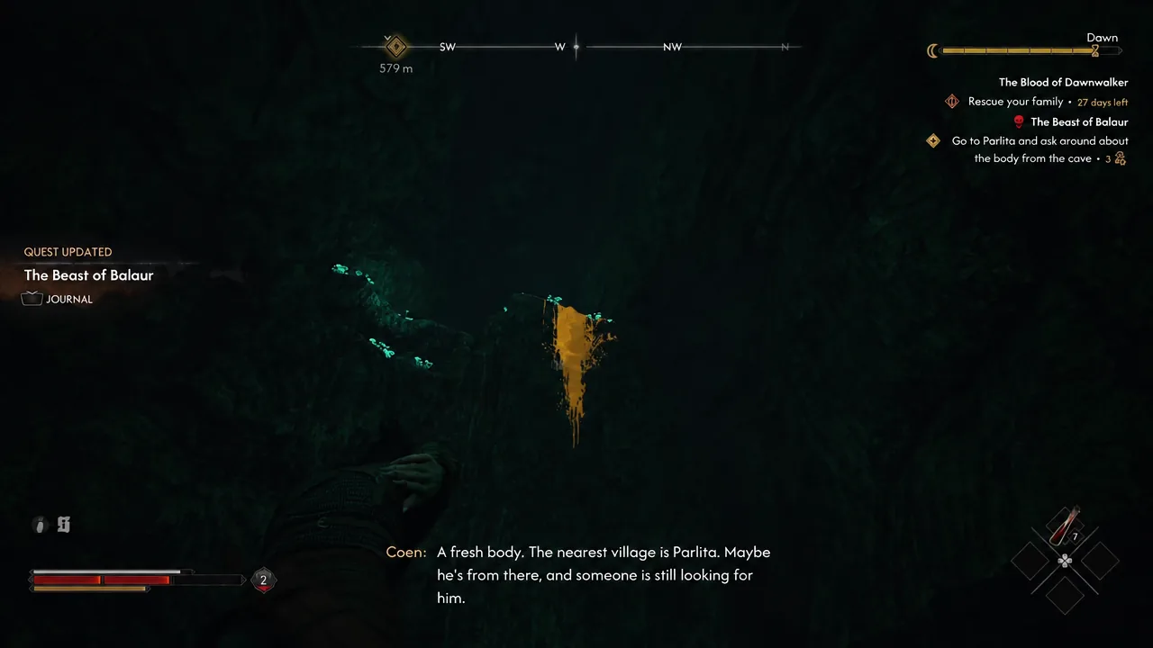 Coen examines a fresh body in the cave as the Beast of Balaur journal entry updates