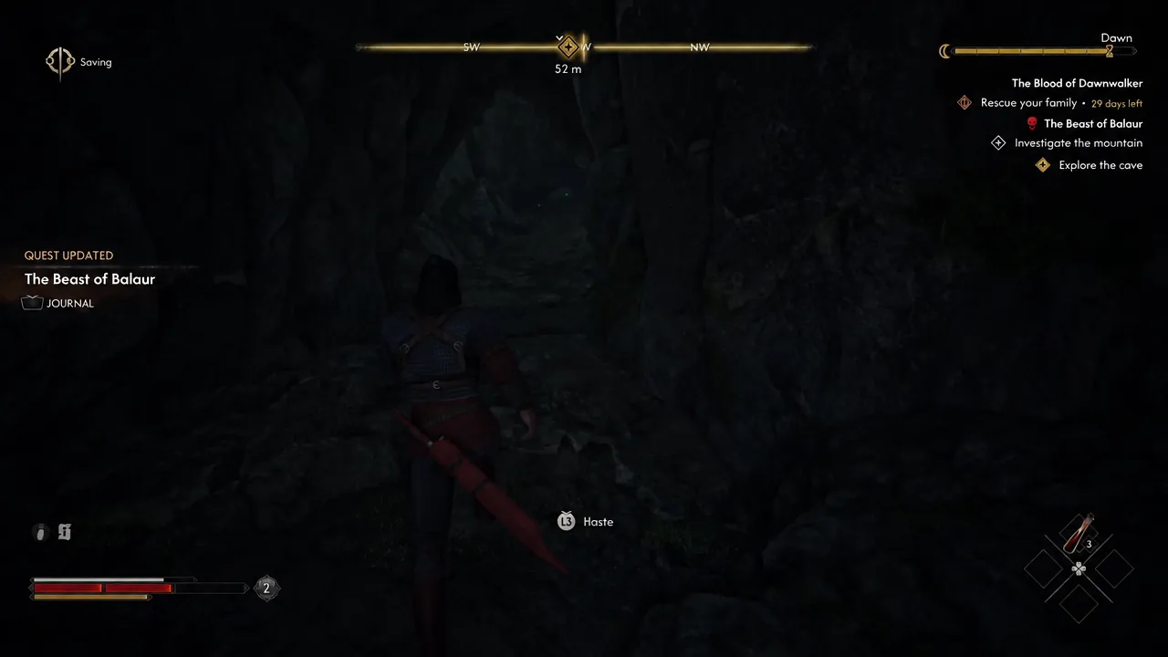 The Beast of Balaur quest tracker shows the Explore the cave objective inside the cavern