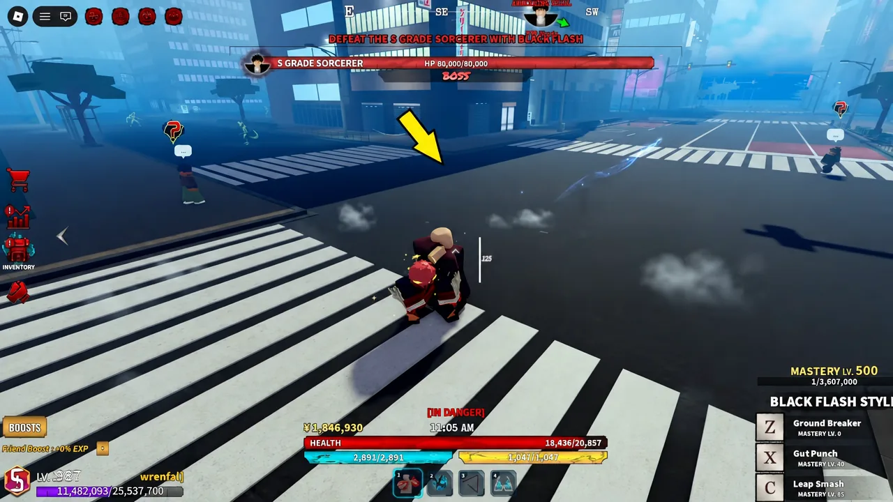 Shibuya boss fight with the objective to defeat the S Grade Sorcerer with Black Flash on screen