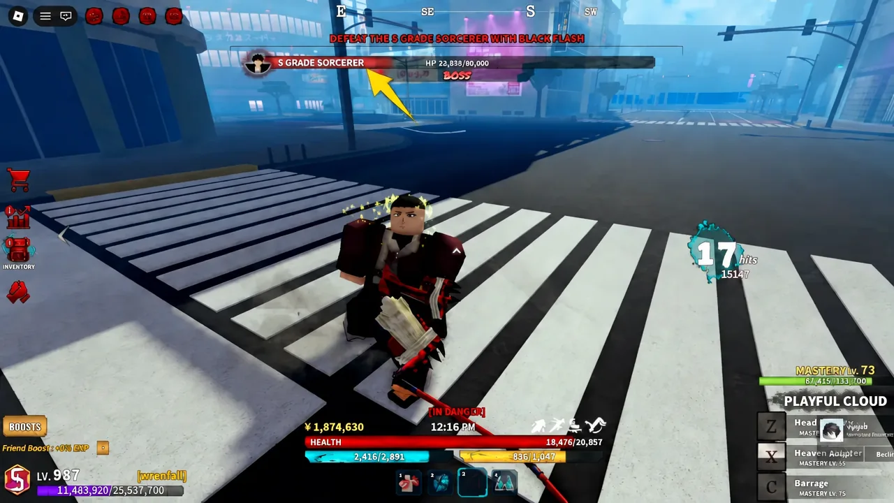 S Grade Sorcerer health bar highlighted mid-fight during the Black Flash trial