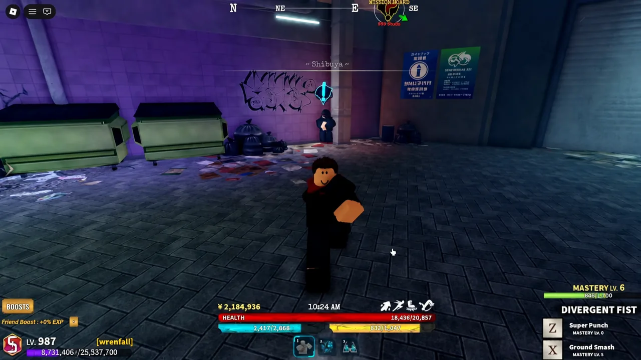 Shibuya street with a cyan quest marker over the hooded NPC who sells Black Flash Style