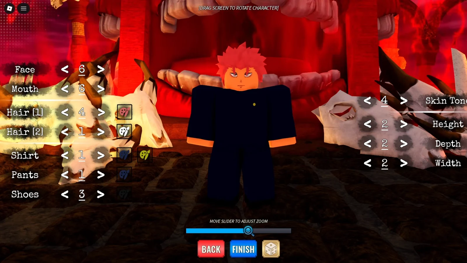 Kaizen character customization menu with face, hair, skin tone, and body sliders open