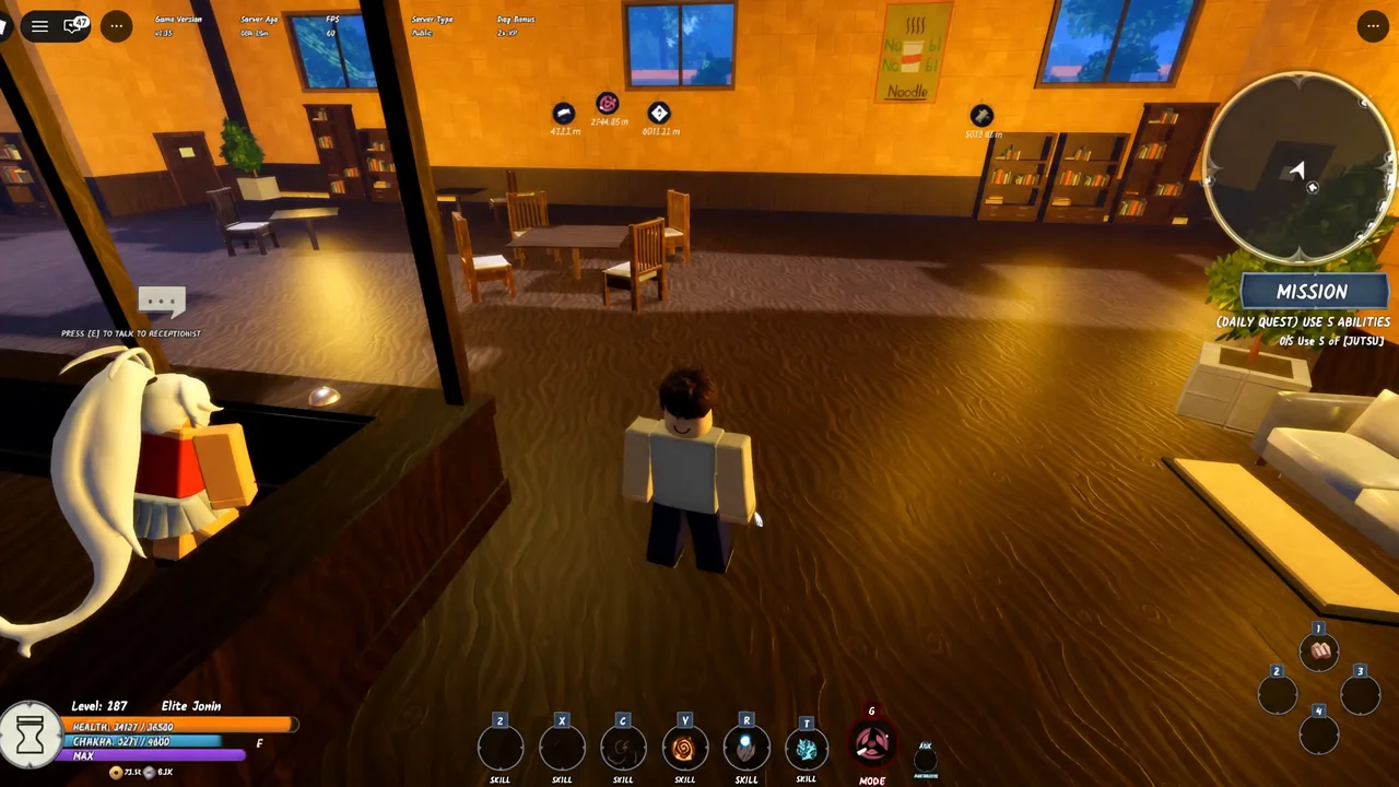 Mission panel showing the Use of Jutsu daily quest next to a receptionist NPC