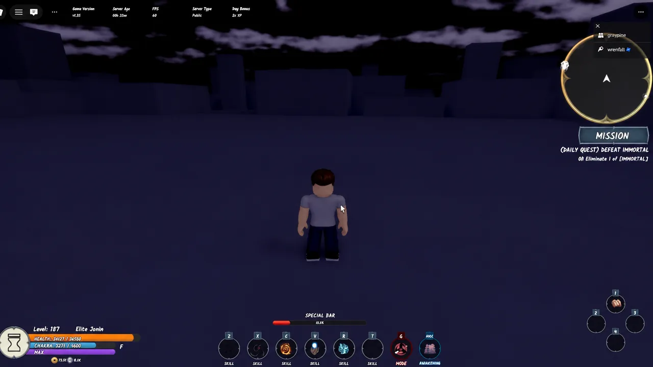 Mission panel showing the DEFEAT IMMORTAL daily quest during Ninja Time gameplay