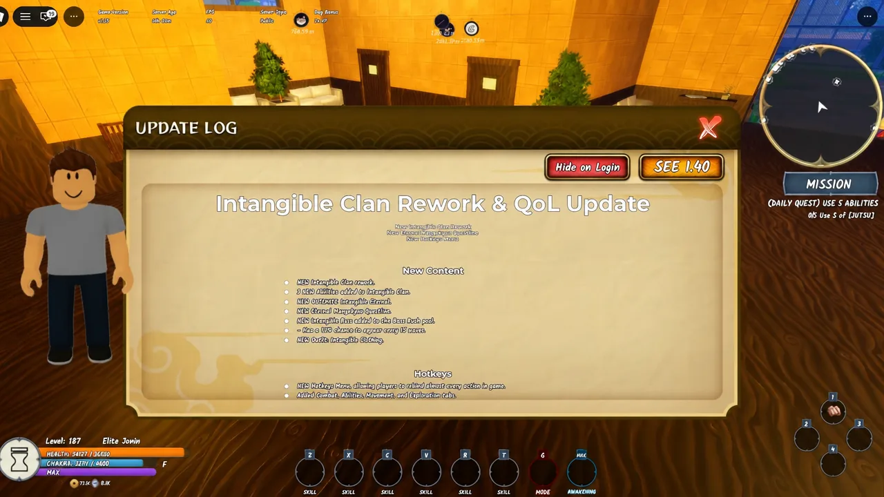 Ninja Time update log panel listing the Intangible Clan rework changes