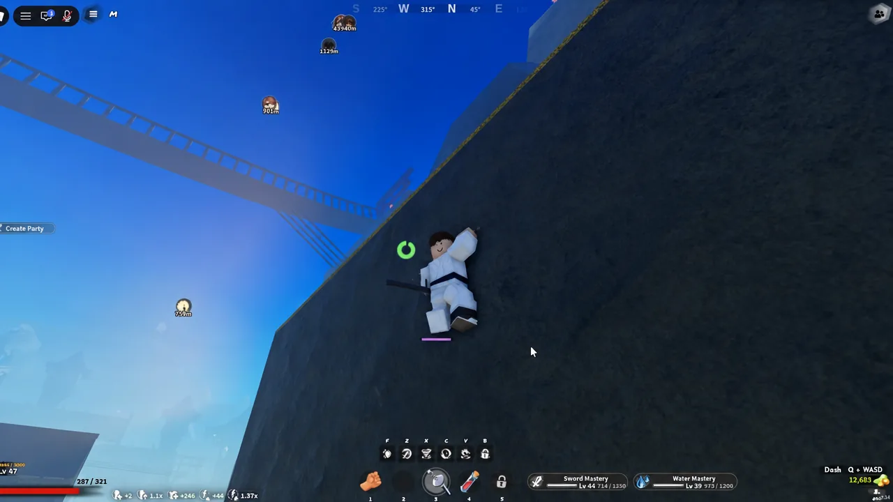 Player climbing a rock wall in Project Slayers 2 with mastery bars and hotbar on screen