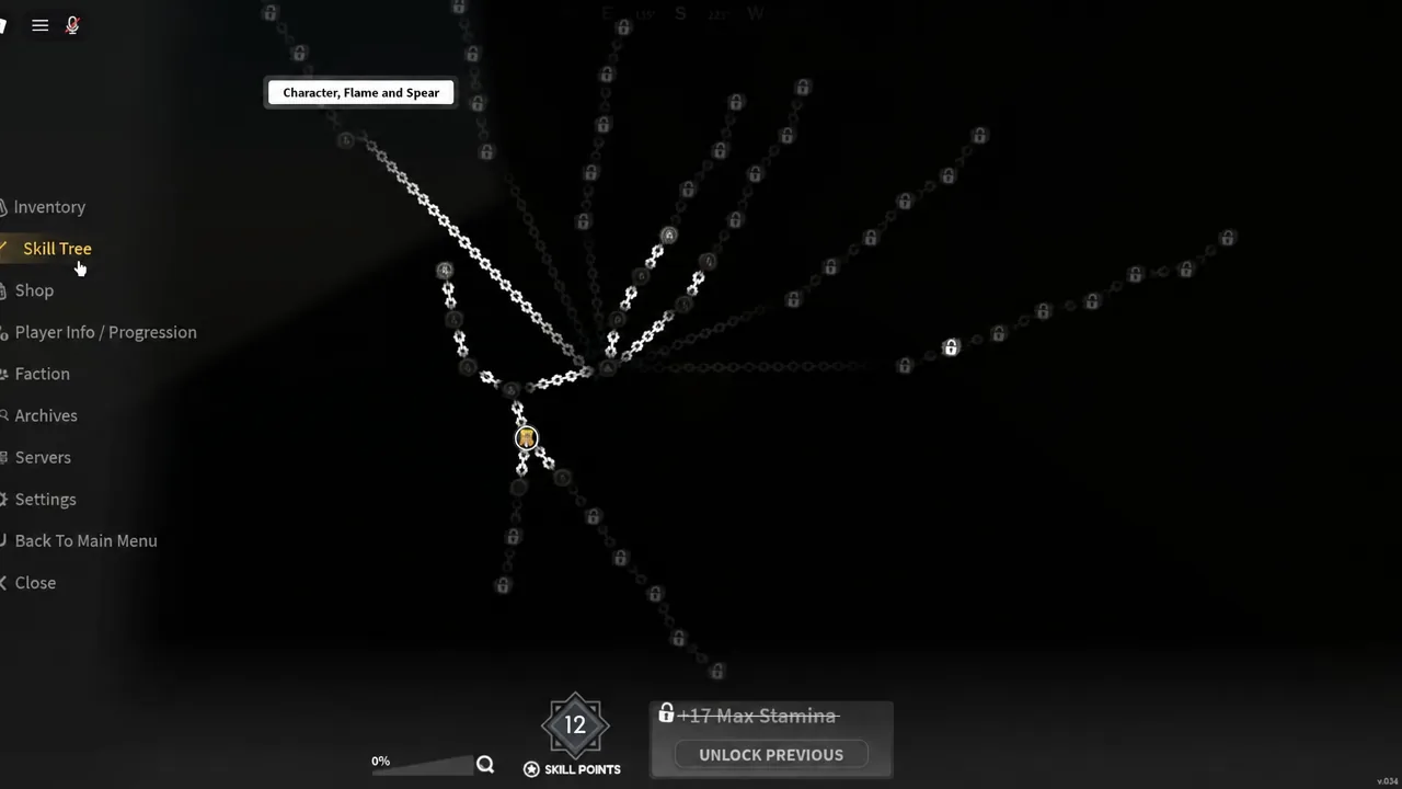 Skill tree screen with a locked +17 Max Stamina node showing the UNLOCK PREVIOUS prompt