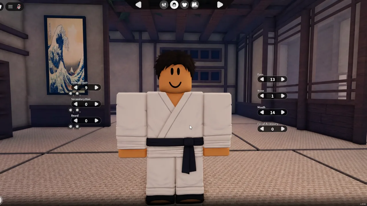 Character customization menu showing primary hair and facial feature options for the avatar